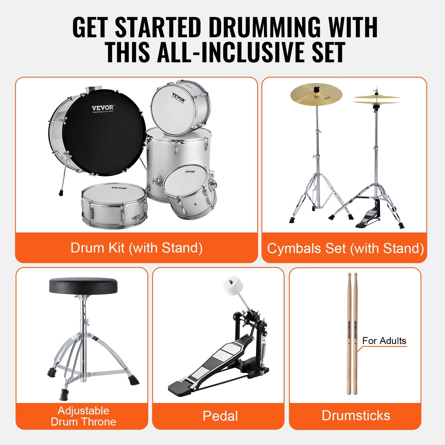 VEVOR Adult Drum Set, 5-Piece, 558.8 mm Complete Full Size Drum Kit with Bass Toms