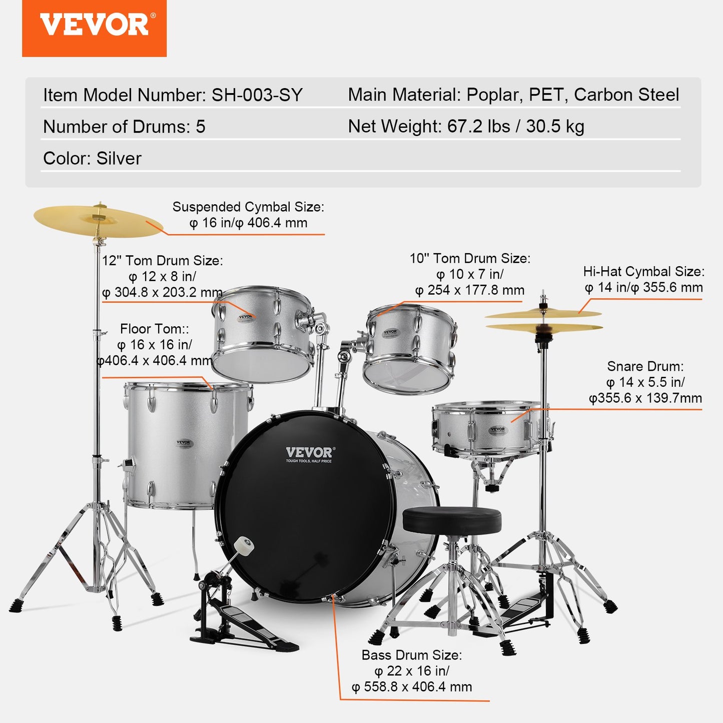 VEVOR Adult Drum Set, 5-Piece, 558.8 mm Complete Full Size Drum Kit with Bass Toms