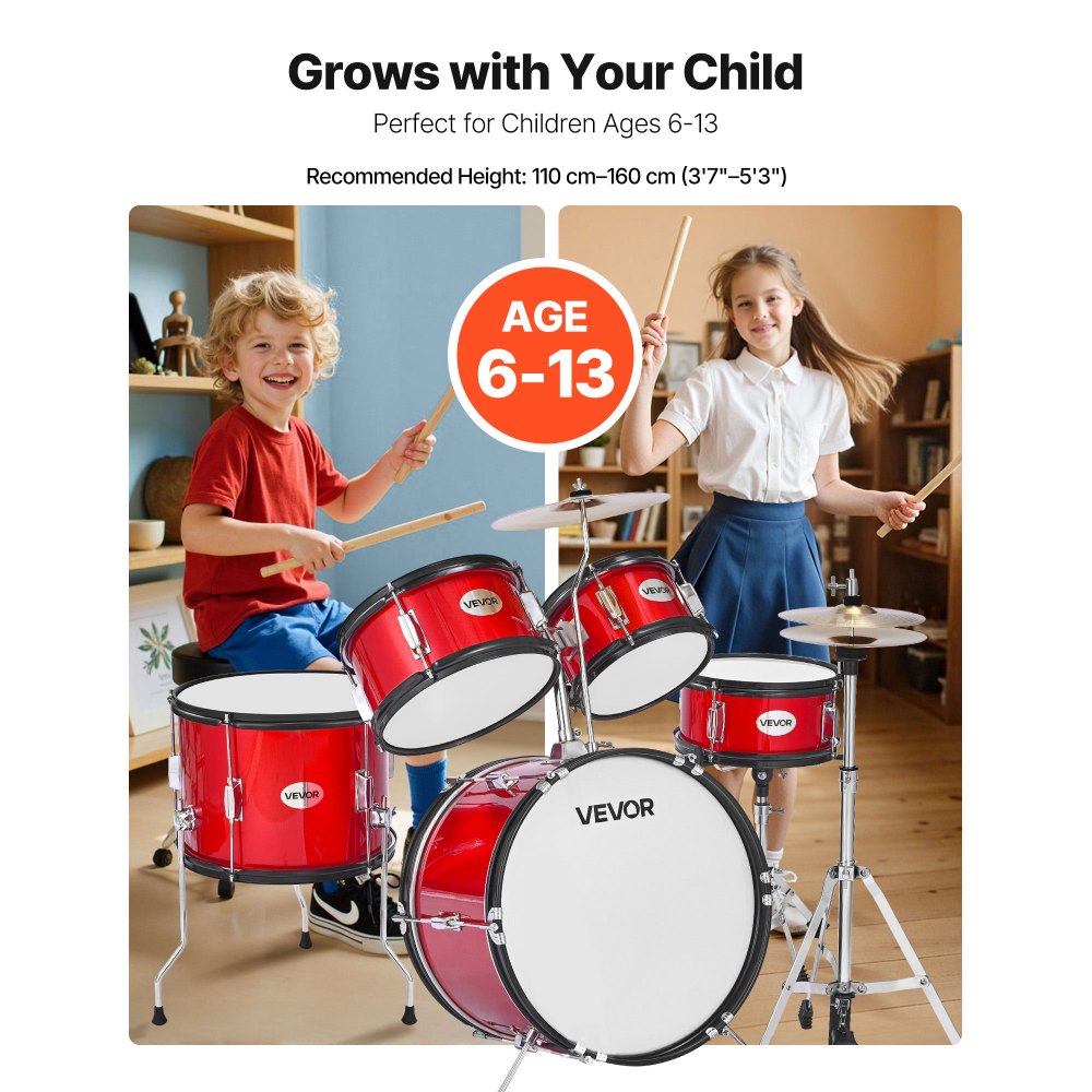 VEVOR Kids Drum Set 5-Piece Beginner Drum Kit with 406.4 mm Bass Drum (Red)