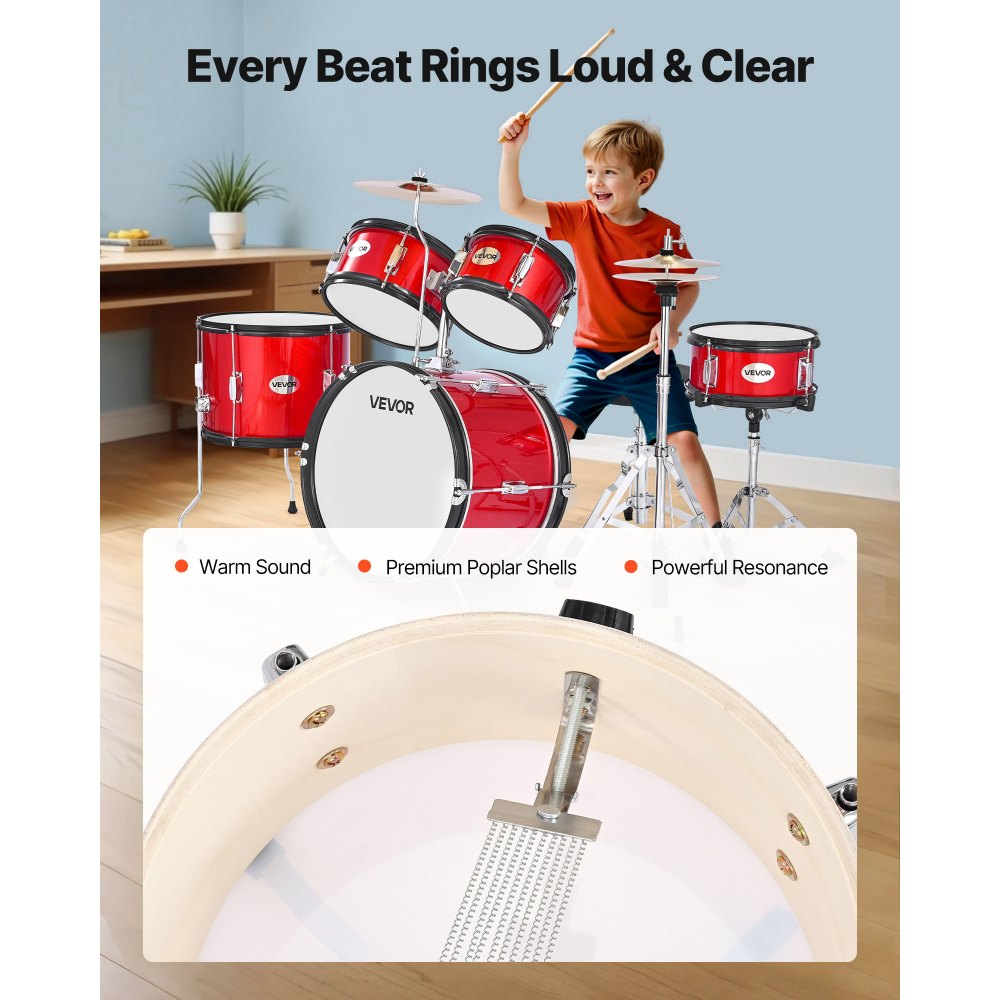 VEVOR Kids Drum Set 5-Piece Beginner Drum Kit with 406.4 mm Bass Drum (Red)