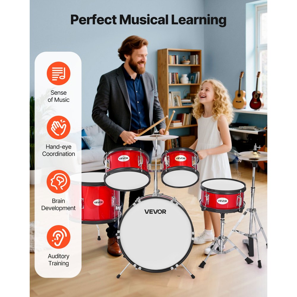 VEVOR Kids Drum Set 5-Piece Beginner Drum Kit with 406.4 mm Bass Drum (Red)