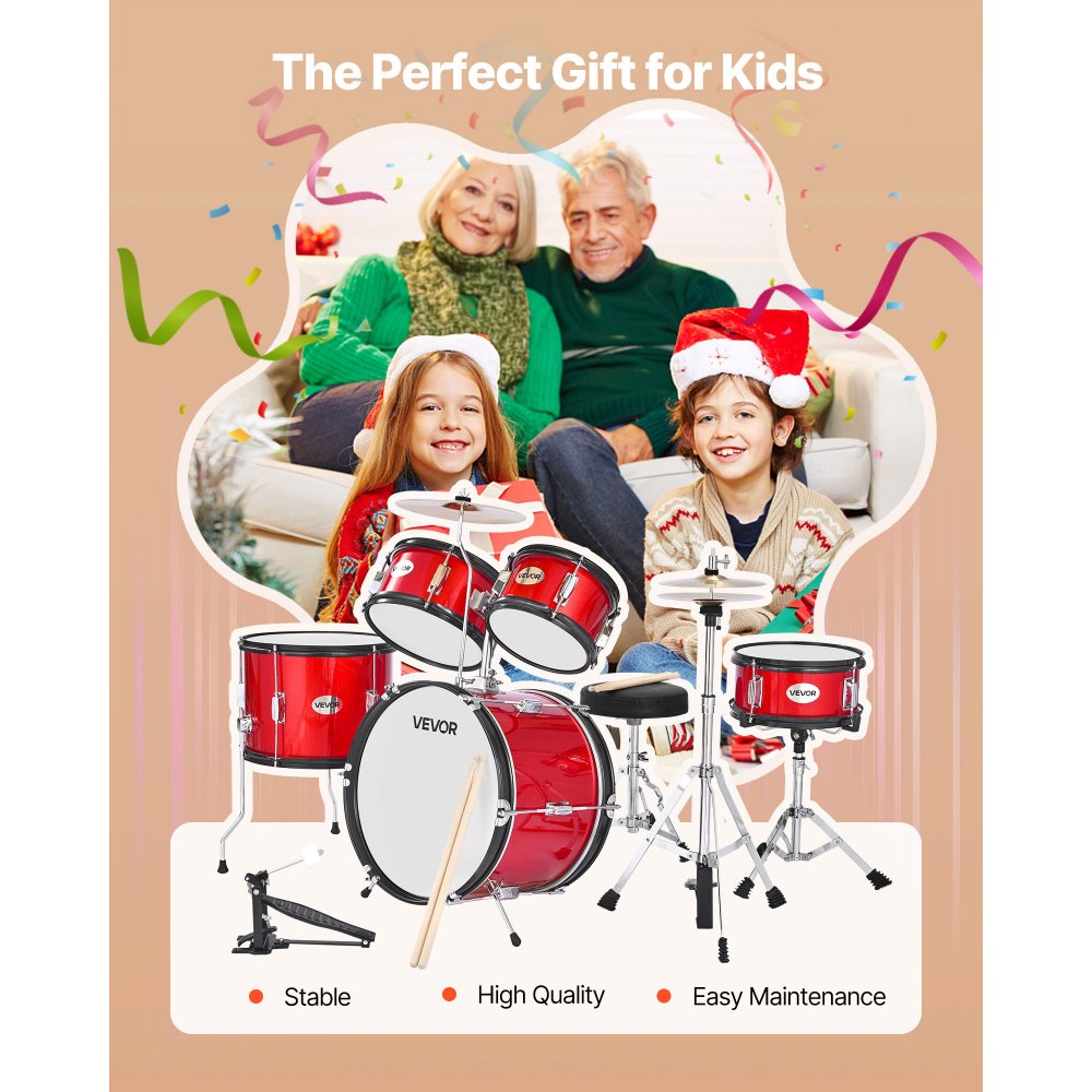 VEVOR Kids Drum Set 5-Piece Beginner Drum Kit with 406.4 mm Bass Drum (Red)