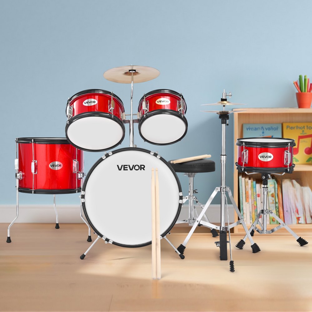 VEVOR Kids Drum Set 5-Piece Beginner Drum Kit with 406.4 mm Bass Drum (Red)