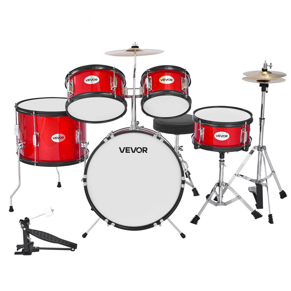 VEVOR Kids Drum Set 5-Piece Beginner Drum Kit with 406.4 mm Bass Drum (Red)