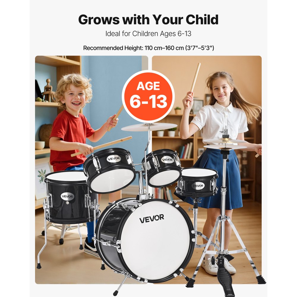 VEVOR Kids Drum Set 5-Piece Beginner Drum Kit with 355.6 mm Bass Drum(Black)