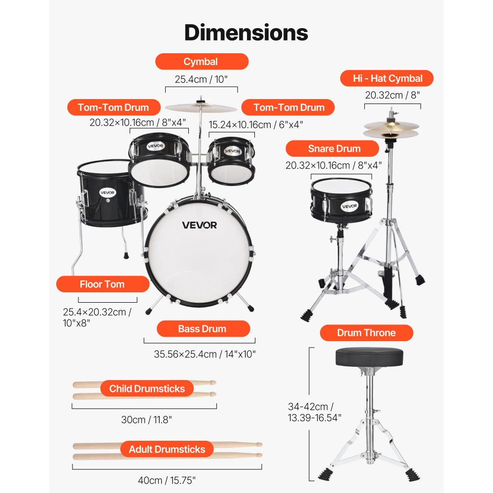 VEVOR Kids Drum Set 5-Piece Beginner Drum Kit with 355.6 mm Bass Drum(Black)