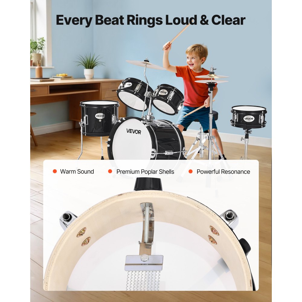 VEVOR Kids Drum Set 5-Piece Beginner Drum Kit with 355.6 mm Bass Drum(Black)