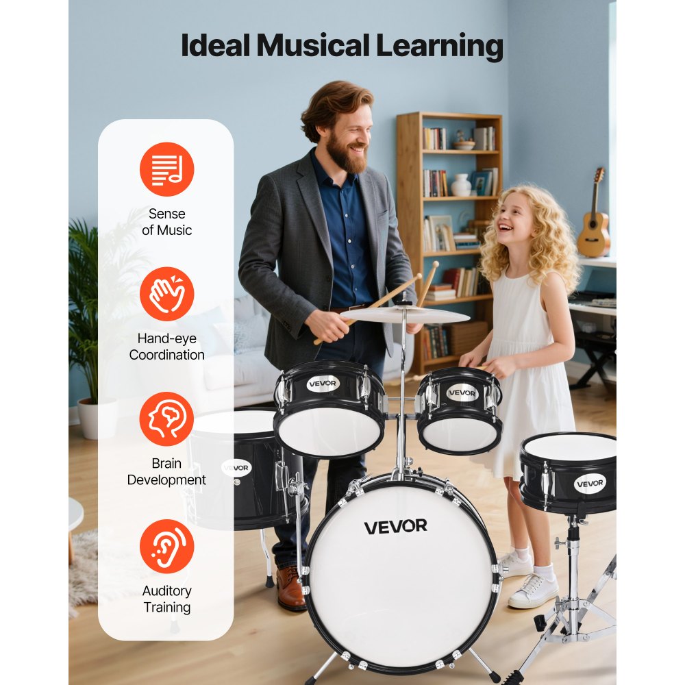 VEVOR Kids Drum Set 5-Piece Beginner Drum Kit with 355.6 mm Bass Drum(Black)