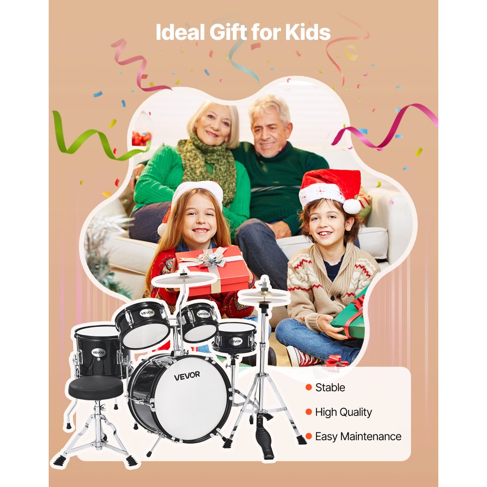 VEVOR Kids Drum Set 5-Piece Beginner Drum Kit with 355.6 mm Bass Drum(Black)