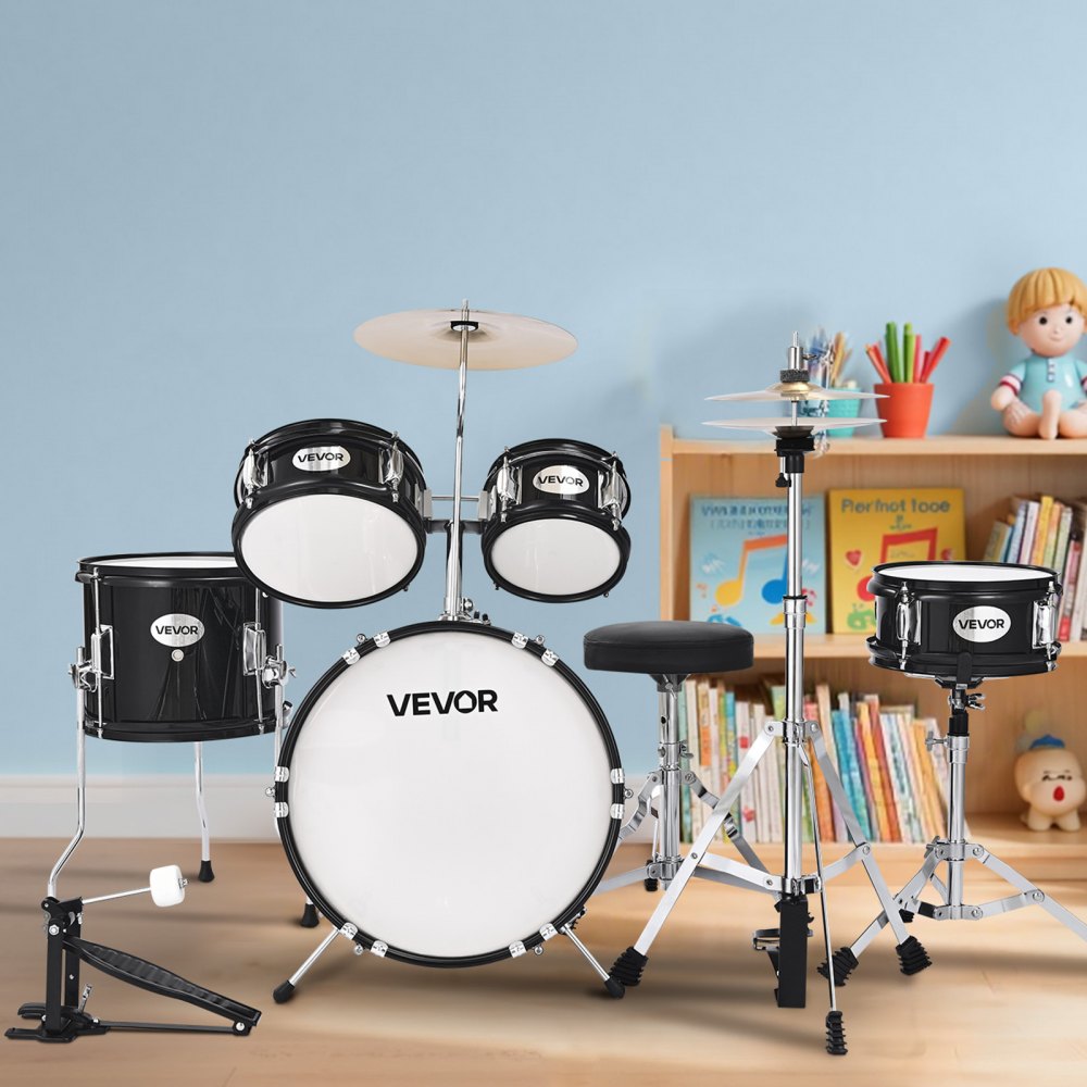 VEVOR Kids Drum Set 5-Piece Beginner Drum Kit with 355.6 mm Bass Drum(Black)