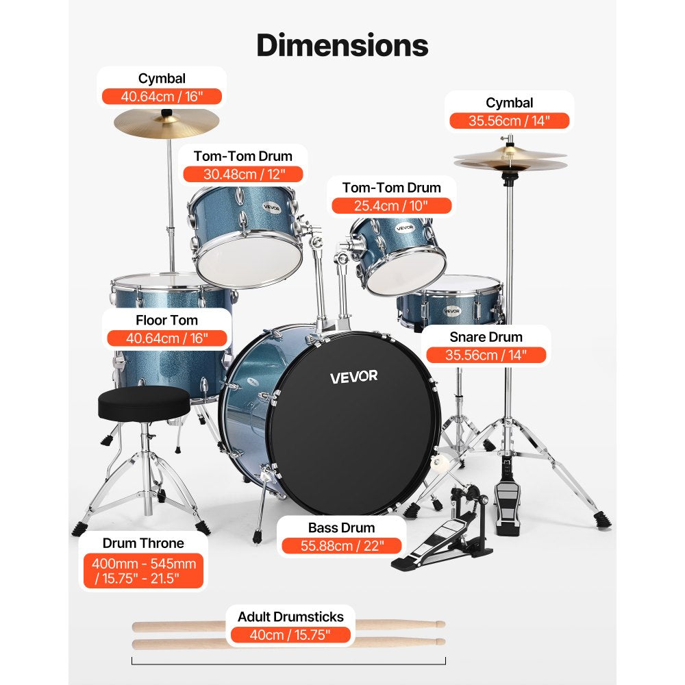 VEVOR Drum Set 5-Piece Beginner Drums Set with 558.8 mm Bass Drum (Gravel Blue)