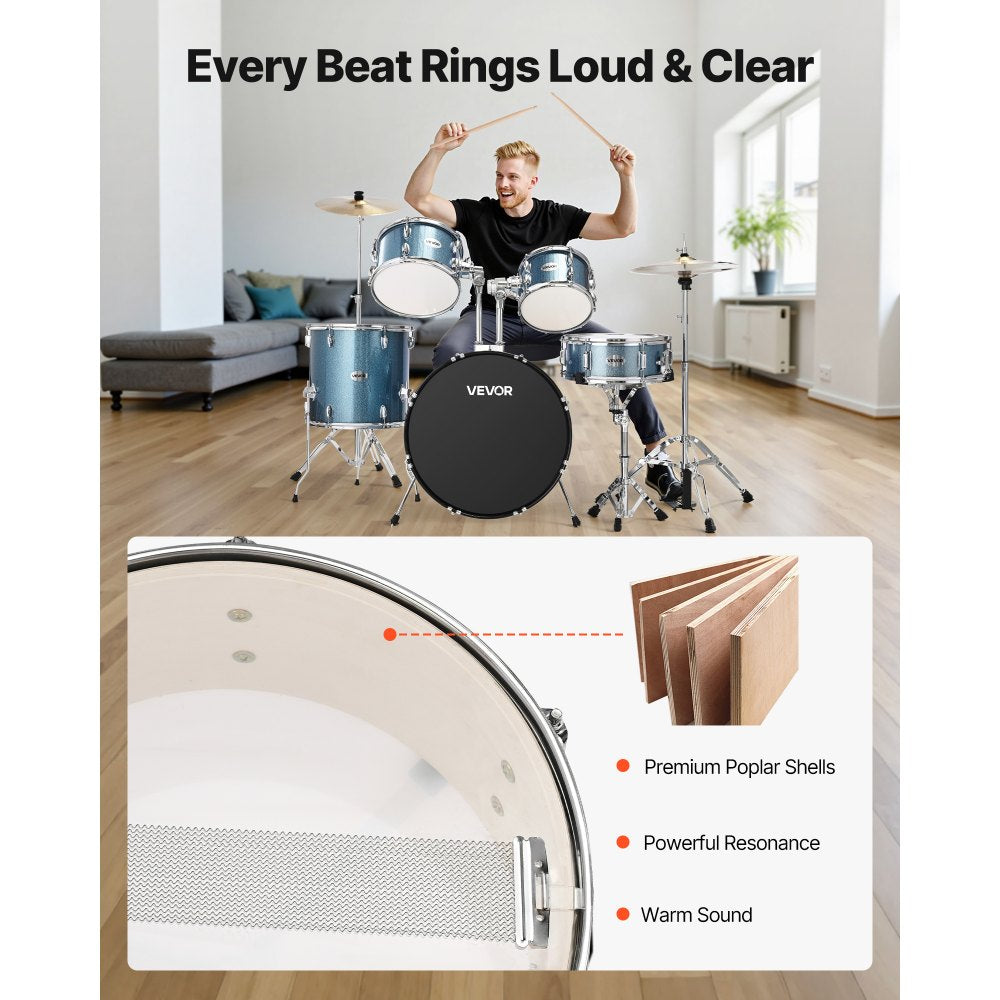 VEVOR Drum Set 5-Piece Beginner Drums Set with 558.8 mm Bass Drum (Gravel Blue)
