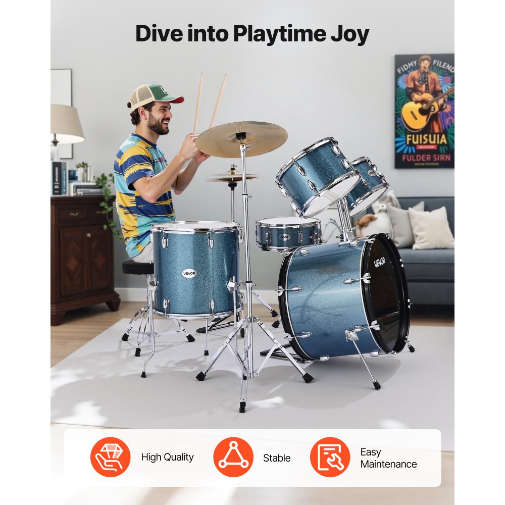 VEVOR Drum Set 5-Piece Beginner Drums Set with 558.8 mm Bass Drum (Gravel Blue)