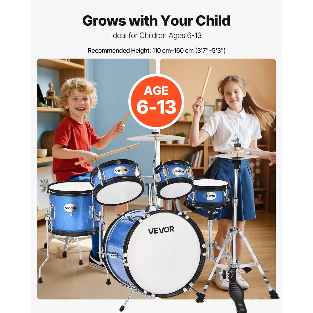 VEVOR Kids Drum Set 5-Piece Beginner Drum Kit with 355.6 mm Bass Drum (Blue)
