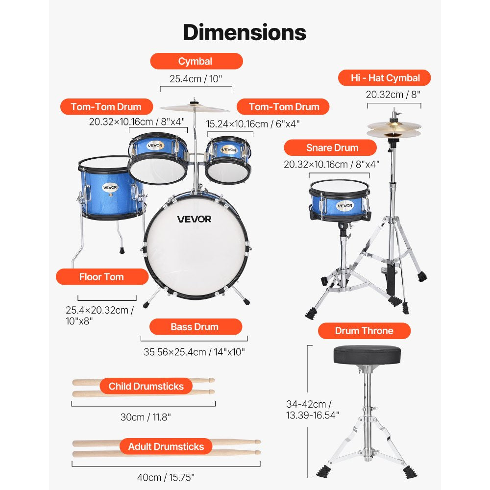 VEVOR Kids Drum Set 5-Piece Beginner Drum Kit with 355.6 mm Bass Drum (Blue)