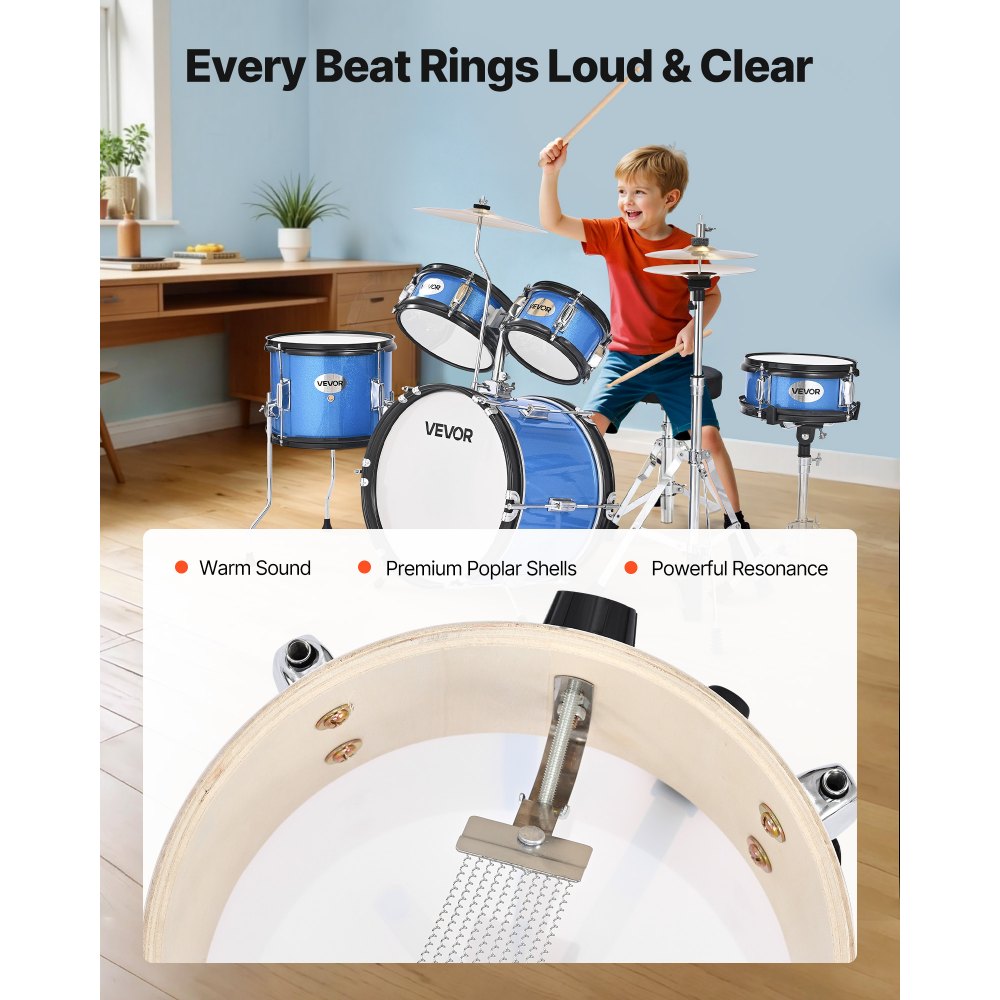 VEVOR Kids Drum Set 5-Piece Beginner Drum Kit with 355.6 mm Bass Drum (Blue)
