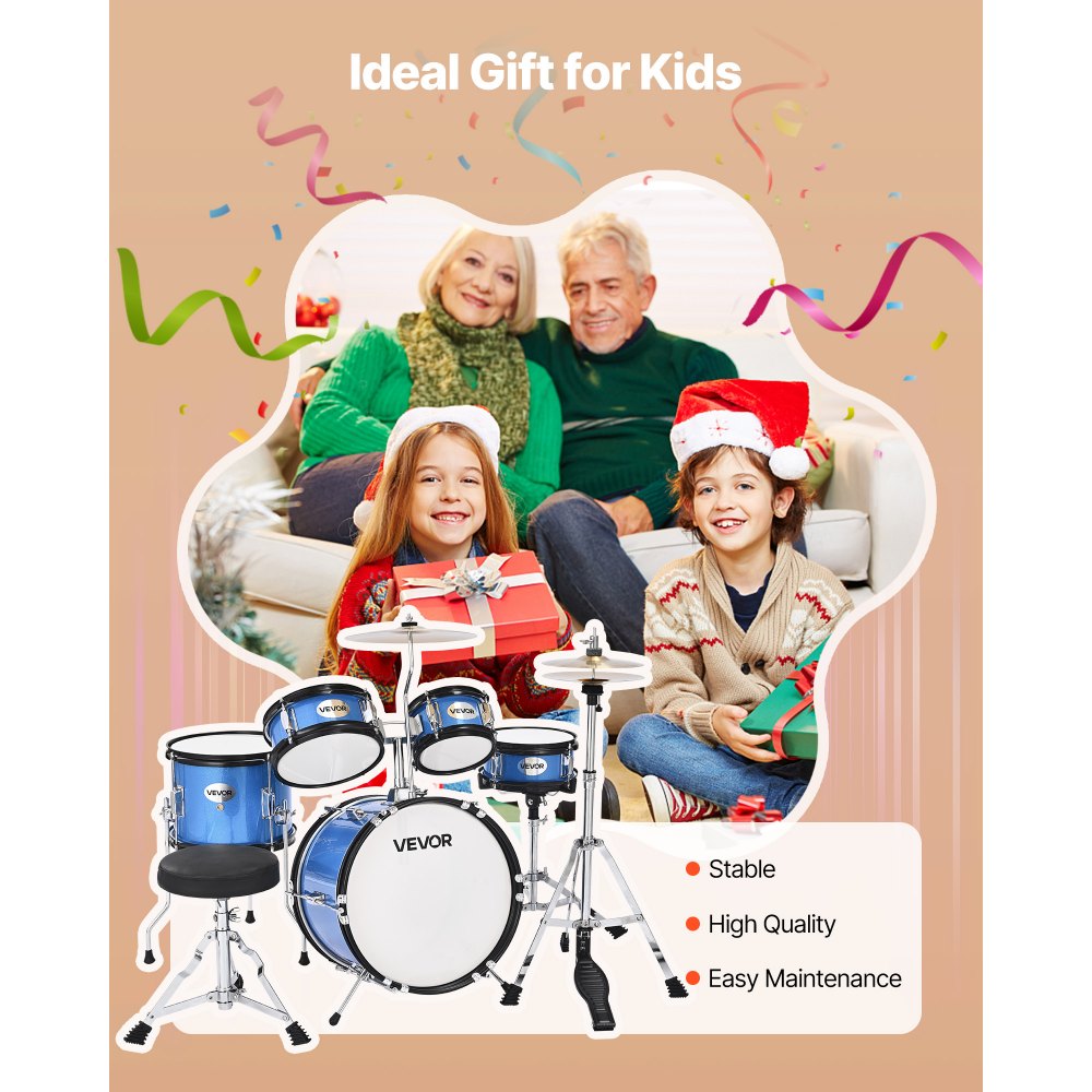 VEVOR Kids Drum Set 5-Piece Beginner Drum Kit with 355.6 mm Bass Drum (Blue)