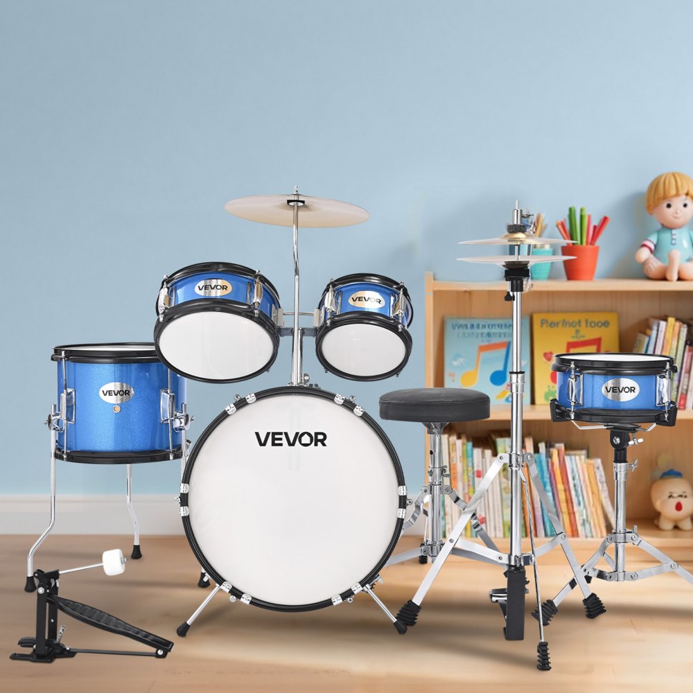 VEVOR Kids Drum Set 5-Piece Beginner Drum Kit with 355.6 mm Bass Drum (Blue)