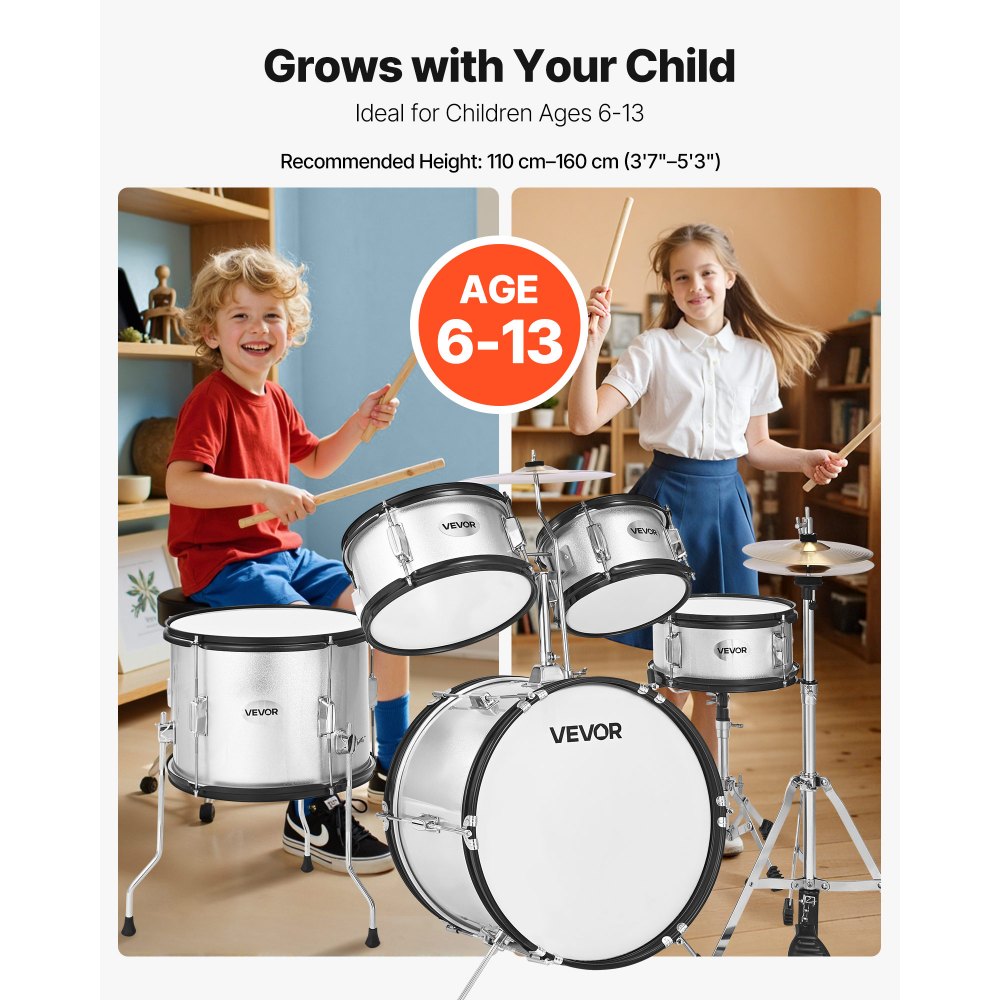 VEVOR Kids Drum Set 5-Piece Beginner Drum Kit with 406.4 mm Bass Drum (Silver)