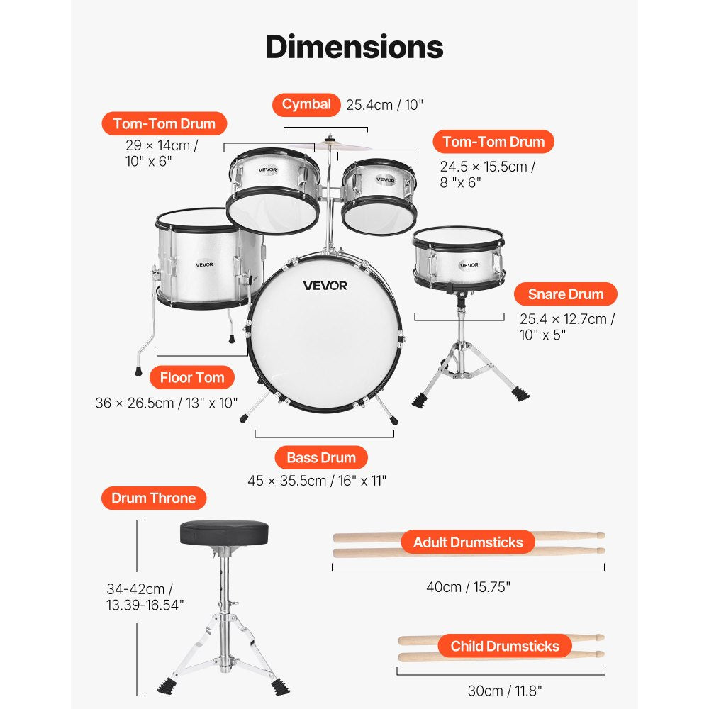 VEVOR Kids Drum Set 5-Piece Beginner Drum Kit with 406.4 mm Bass Drum (Silver)