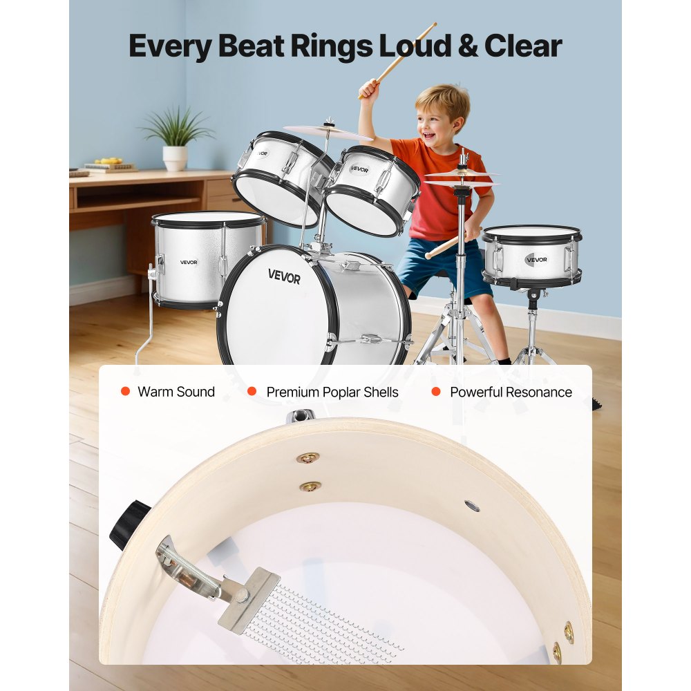 VEVOR Kids Drum Set 5-Piece Beginner Drum Kit with 406.4 mm Bass Drum (Silver)