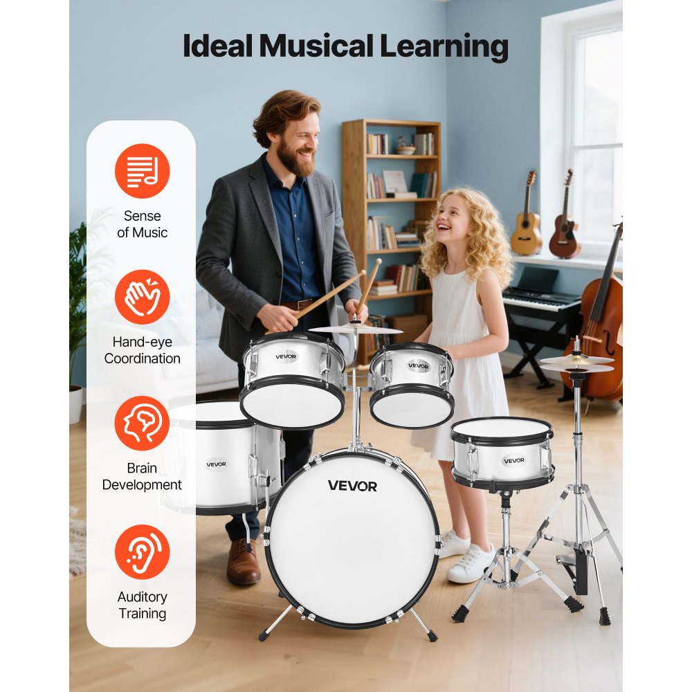 VEVOR Kids Drum Set 5-Piece Beginner Drum Kit with 406.4 mm Bass Drum (Silver)