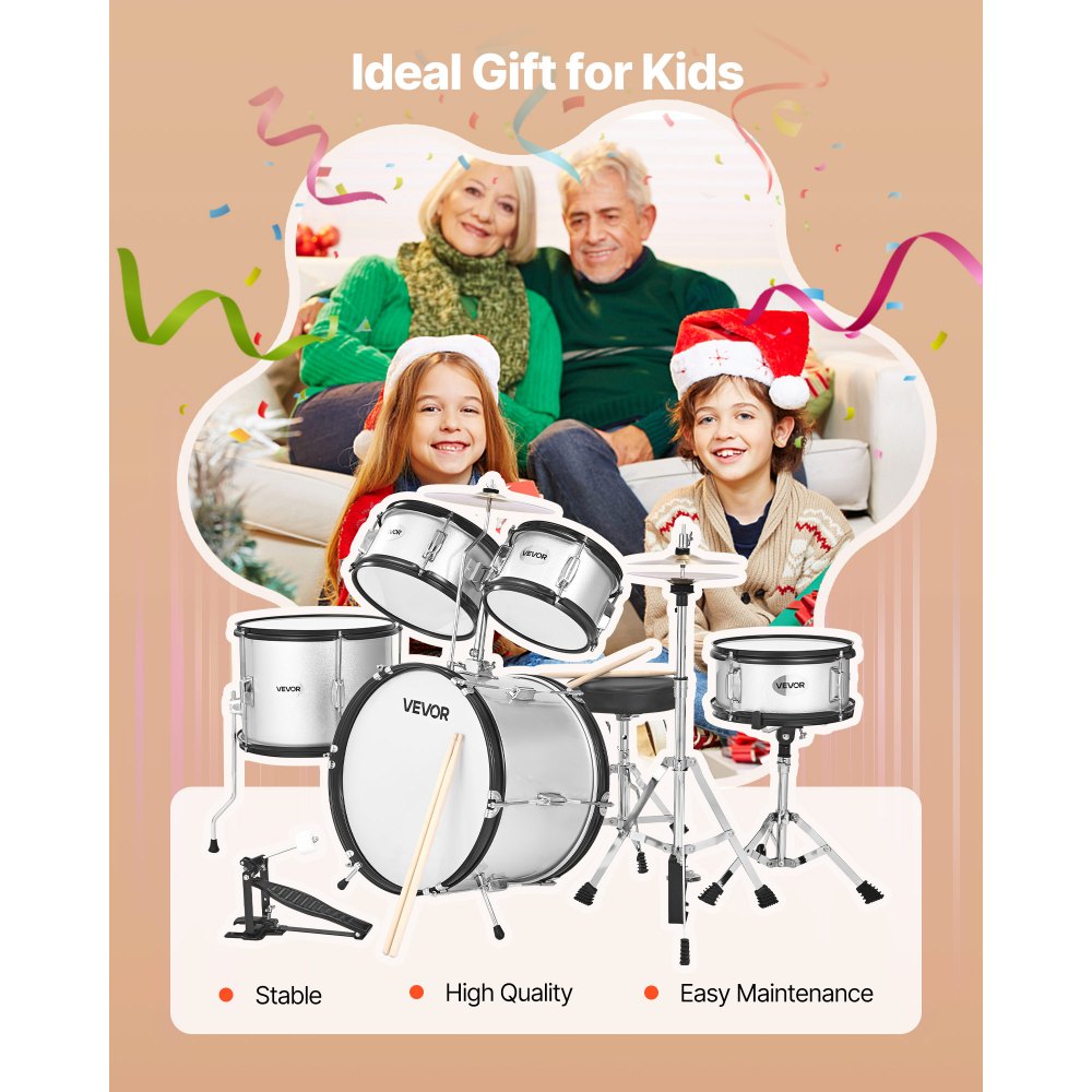 VEVOR Kids Drum Set 5-Piece Beginner Drum Kit with 406.4 mm Bass Drum (Silver)