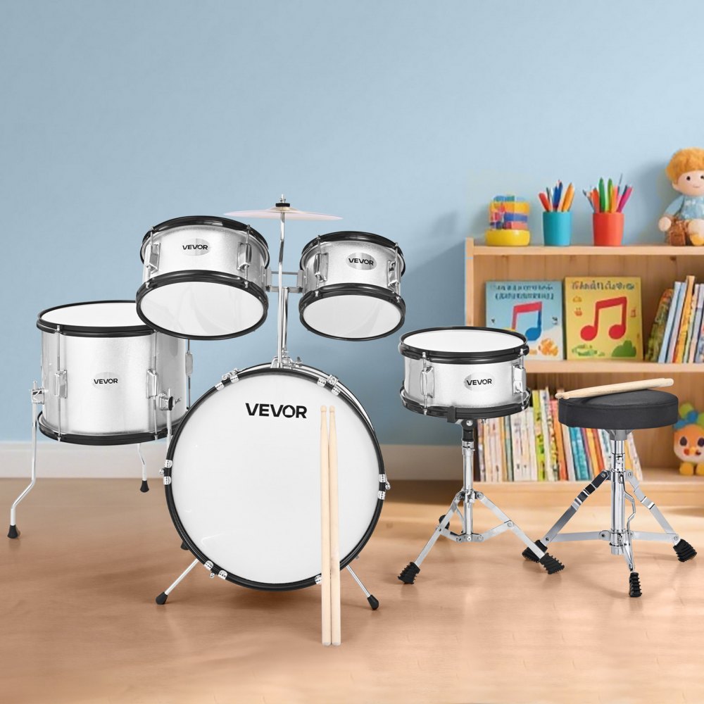 VEVOR Kids Drum Set 5-Piece Beginner Drum Kit with 406.4 mm Bass Drum (Silver)