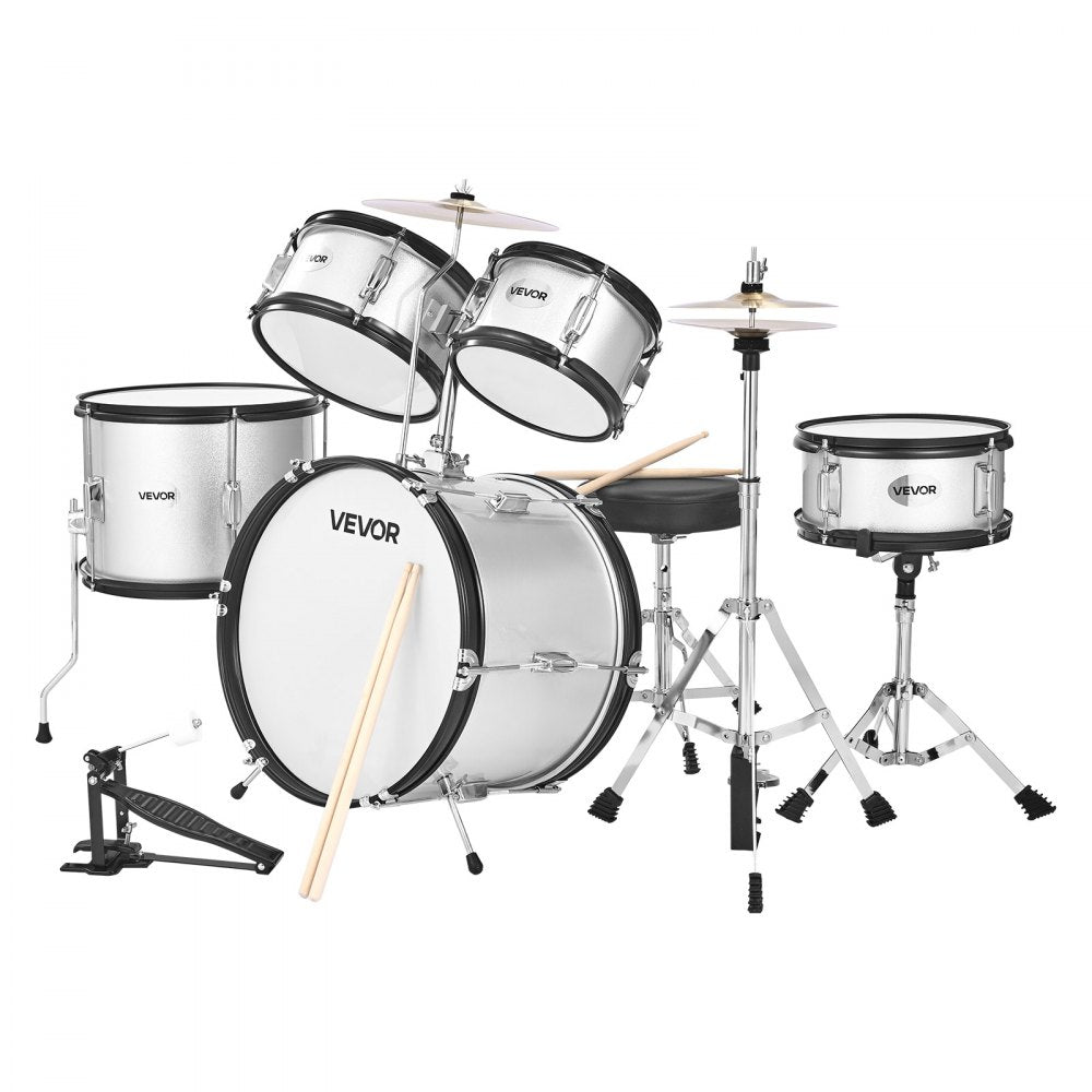 VEVOR Kids Drum Set 5-Piece Beginner Drum Kit with 406.4 mm Bass Drum (Silver)