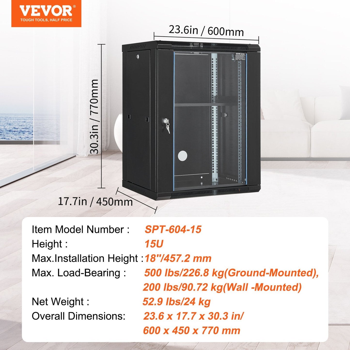 15U Wall Mount Network Server Rack with 0.46 m Door Lock, 227 kg Load Capacity