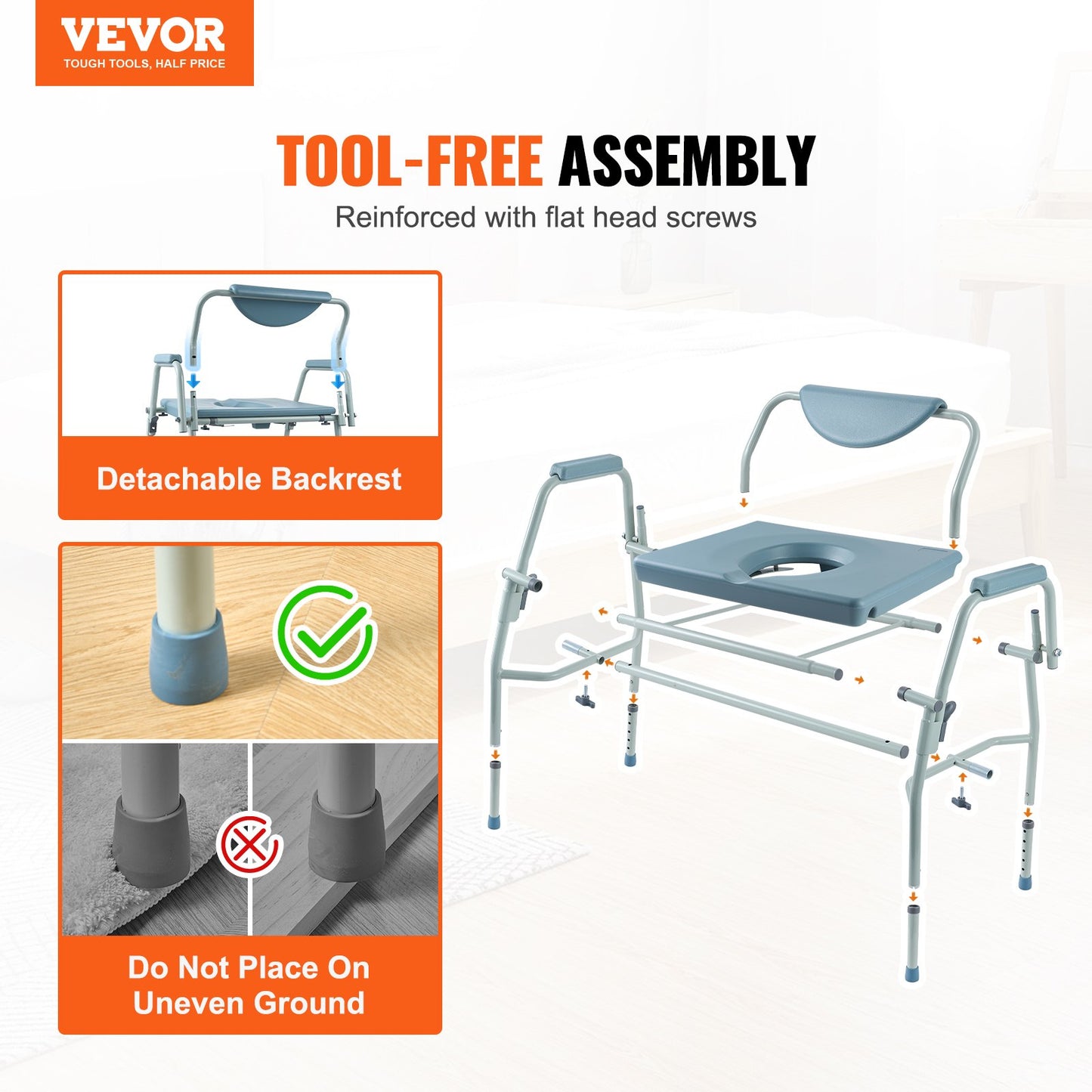 VEVOR Commode Chair, Bedside Commode with Drop-Down Arms and Detachable Backrest,