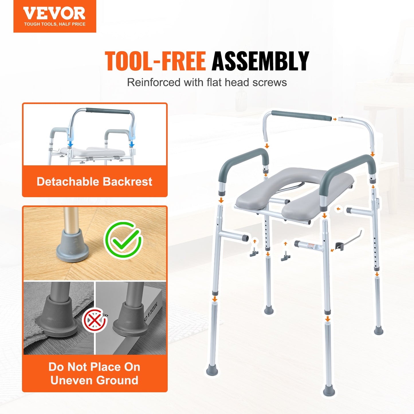 VEVOR Commode Chair, Bedside Commode with Padded Seat and Arms, 7-Level Adjustable