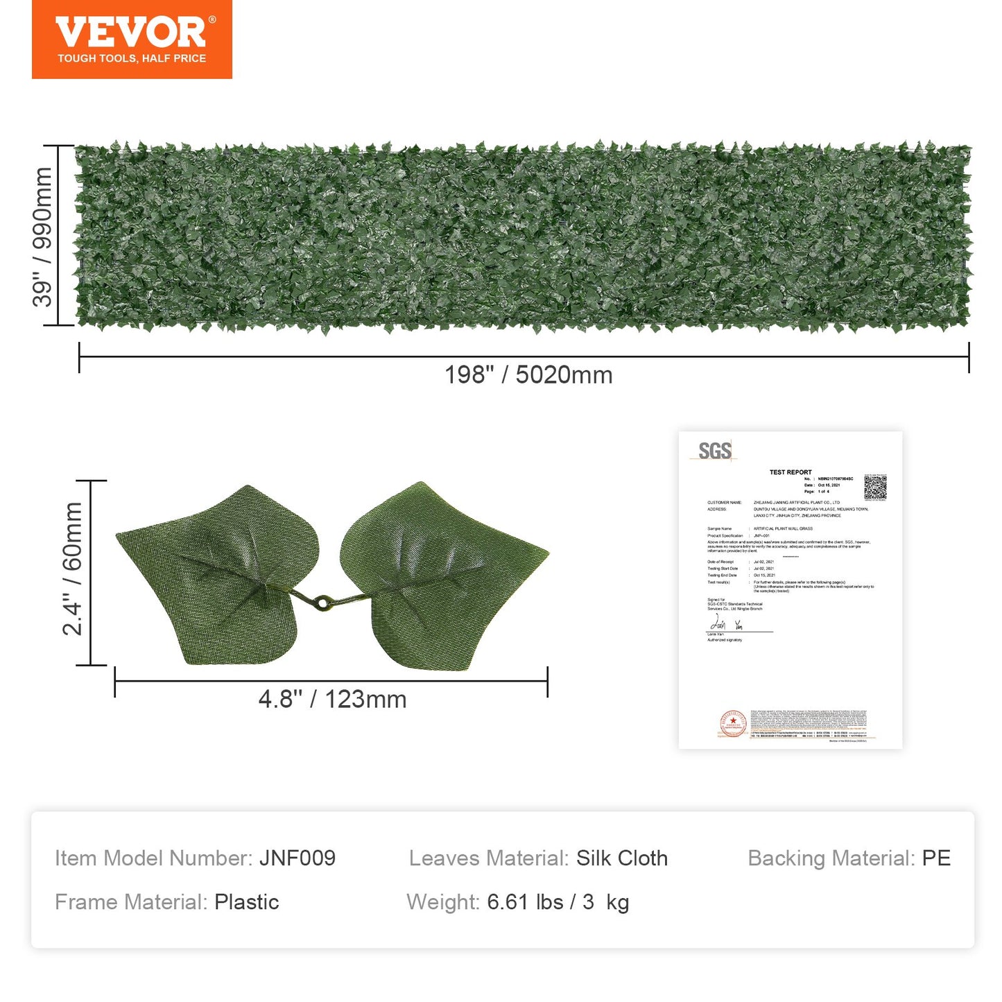 VEVOR Ivy Privacy Fence, 39 x 198in Artificial Green Wall Screen, Greenery Ivy Fence