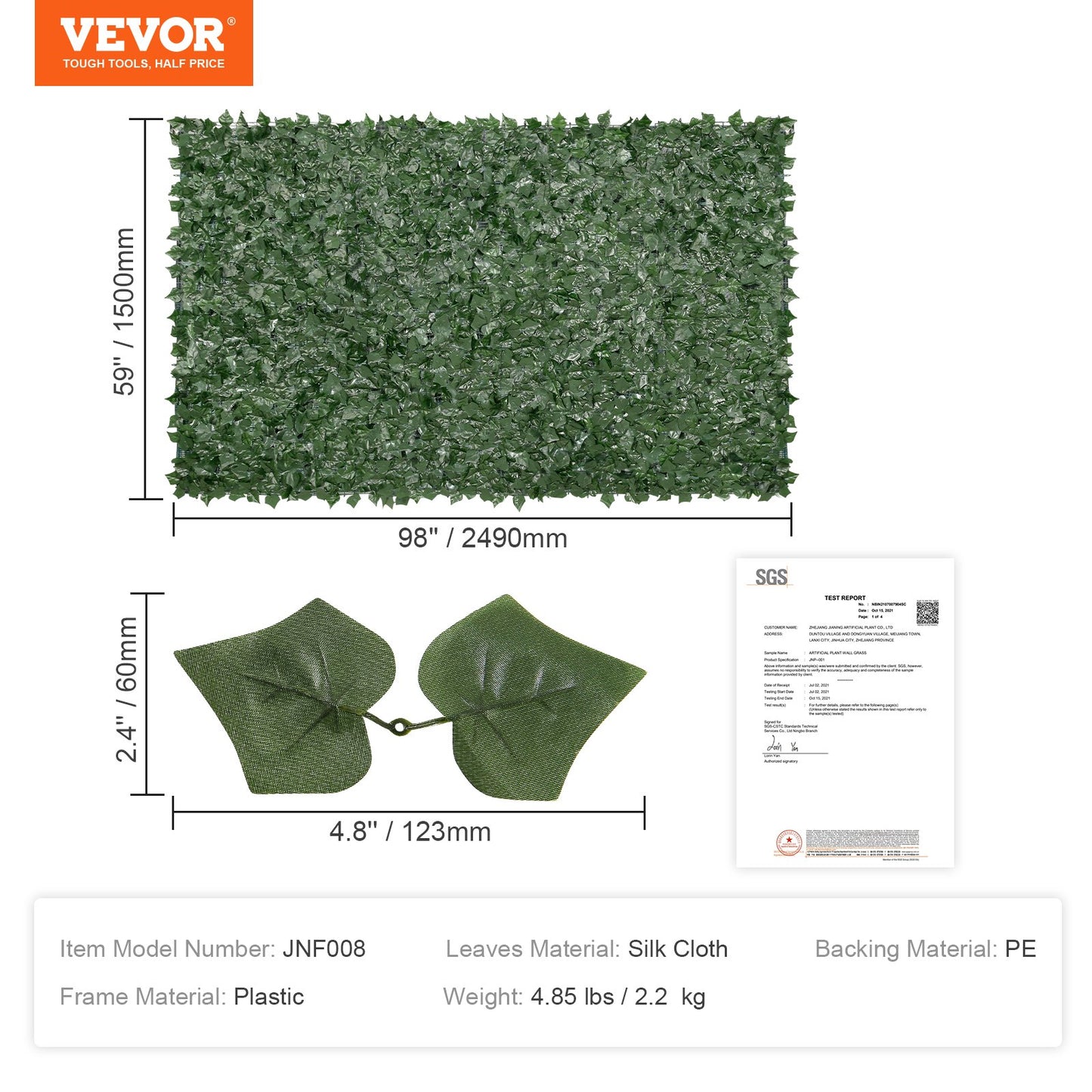 VEVOR Ivy Privacy Fence, 59 x 98 in Artificial Green Wall Screen, Greenery Ivy Fence