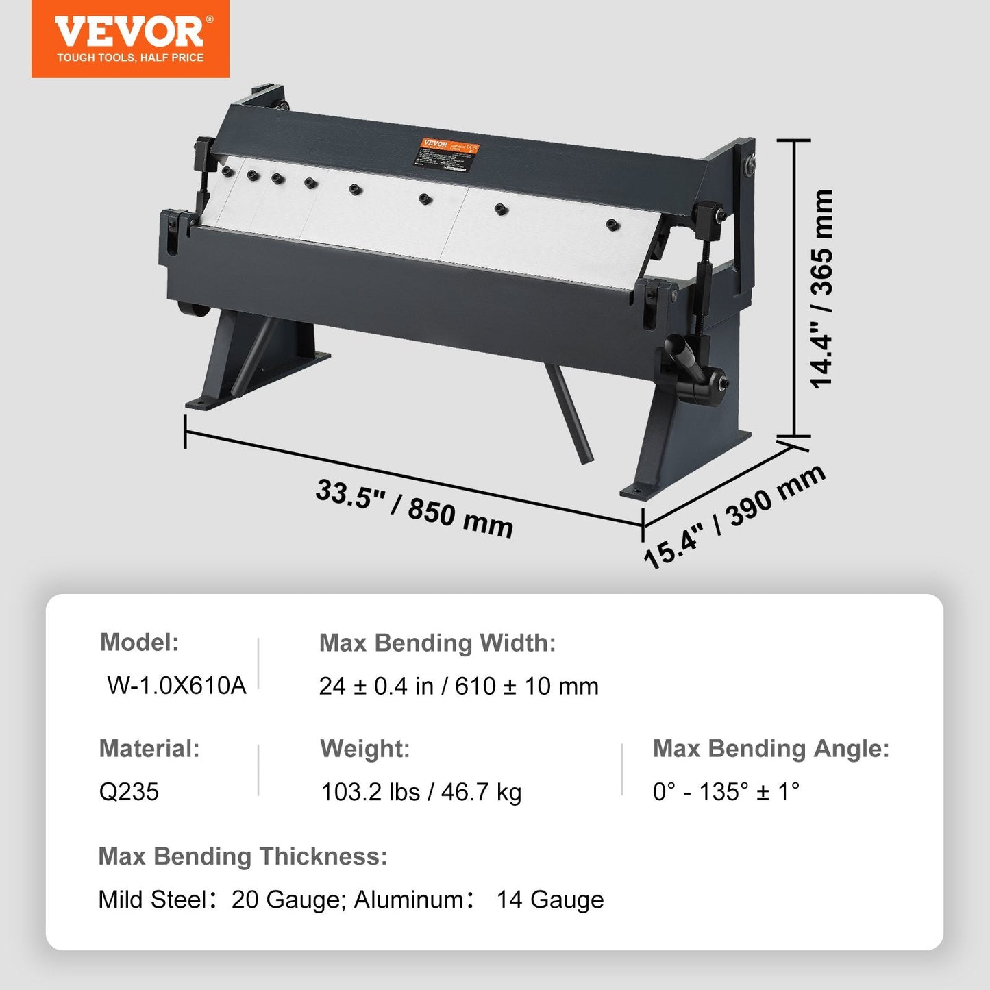 Portable Metal Bender, 0-135° Adjustable for Sheet Metal, 0.61m Capacity