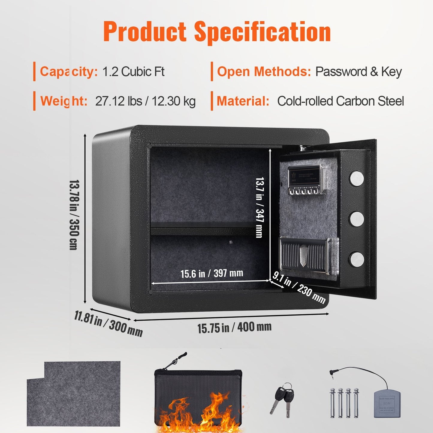 Steel Home Safe with Dual Lock, 0.034 Cubic Meter, Anti-Prying Design
