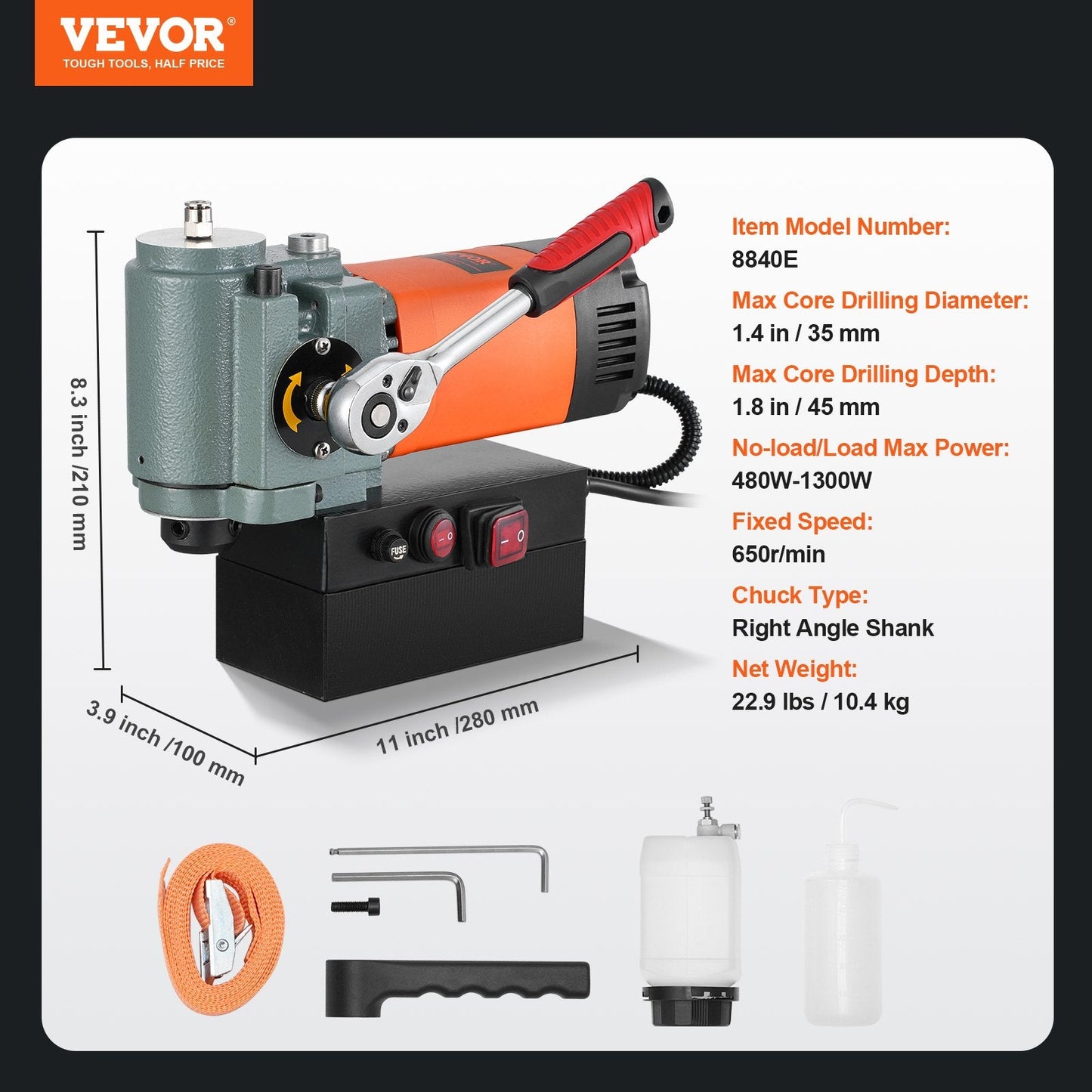 1300W Magnetic Drill Press, Low Profile, Portable, Max 45mm Depth, 10.4kg