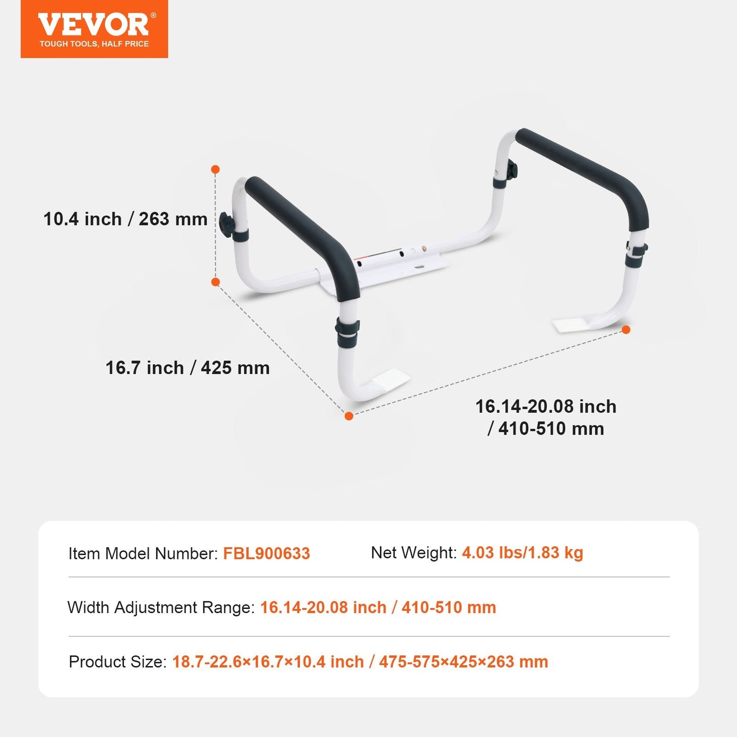 Toilet Safety Rail with Adjustable Width, 136 kg Capacity, Padded Armrests
