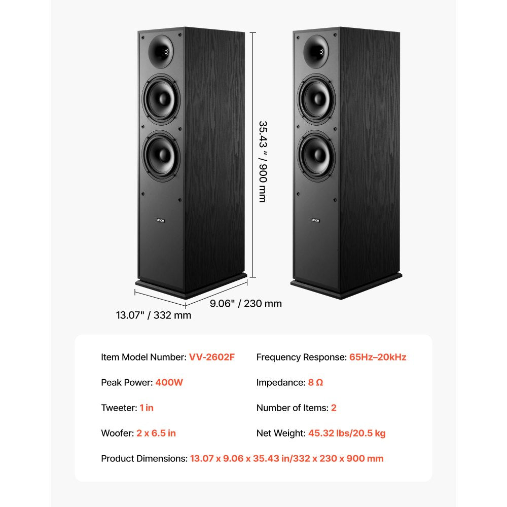 Floorstanding Speakers 2-Way Floor-Standing Tower Speakers 400W Peak Pair