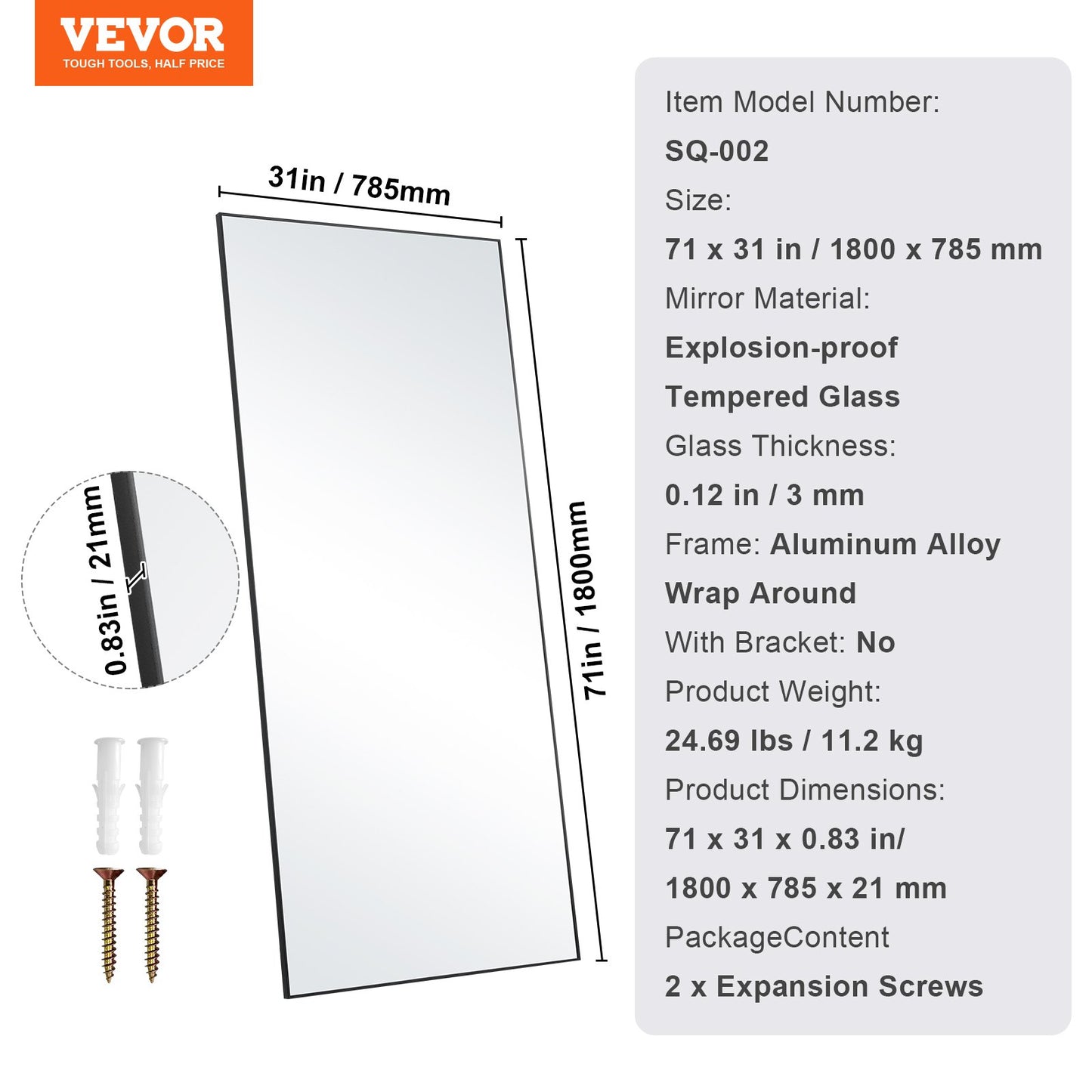 VEVOR Full Length Mirror, 1800x785 mm, Extra Large Standing Hanging or Leaning Rectangle
