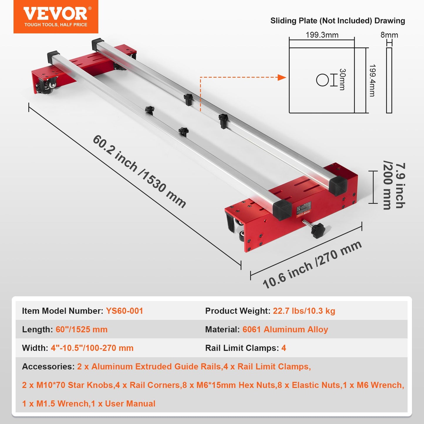 VEVOR Router Sled Adjustable Wood Slab Flattening Mill Router Jig 1525 mm Length