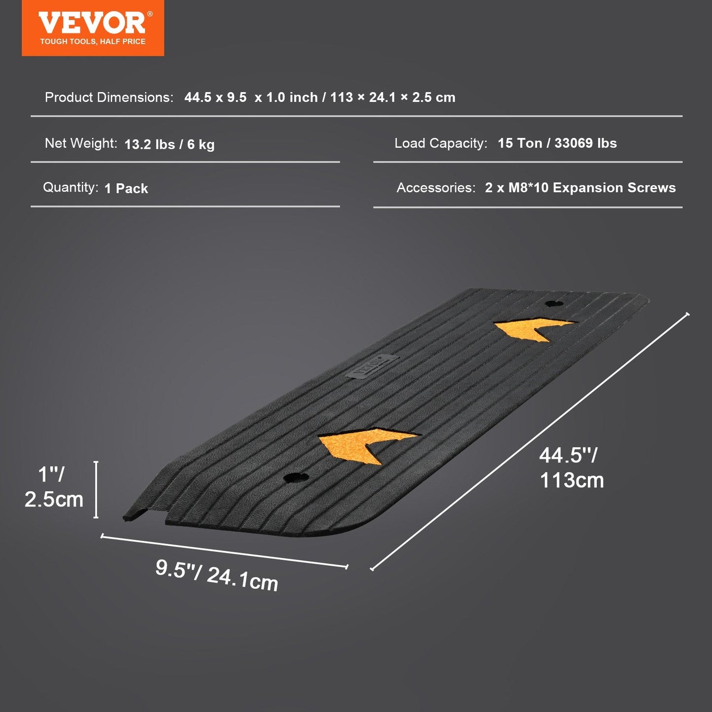 Heavy-Duty Rubber Curb Ramp, 2.5 cm Rise, 15 Ton Capacity, Non-Slip Surface
