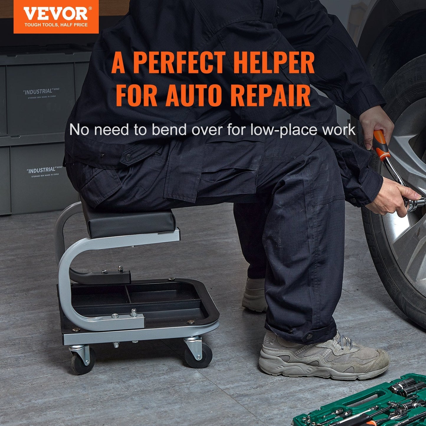 Mechanic Garage Stool with Tool Tray and 360° Movement, 113 kg Capacity