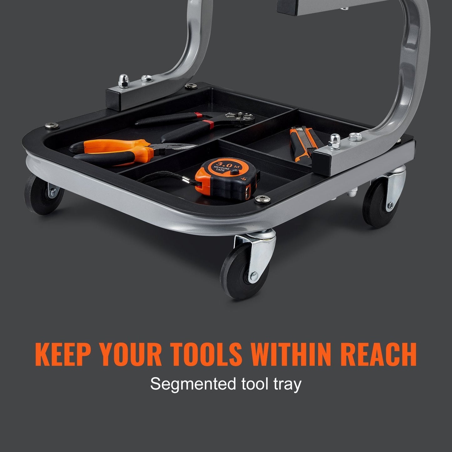Mechanic Garage Stool with Tool Tray and 360° Movement, 113 kg Capacity