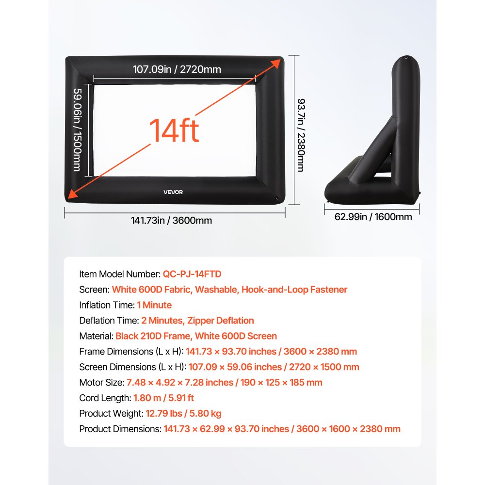 VEVOR 14 ft Inflatable Movie Screen 16:9 600D Movie Projector with Portable Bag