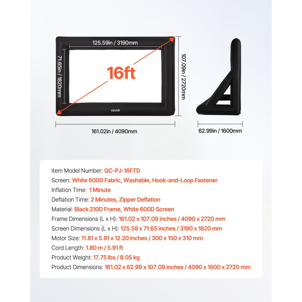 VEVOR 16 ft Inflatable Movie Screen 16:9 600D Movie Projector with Portable Bag