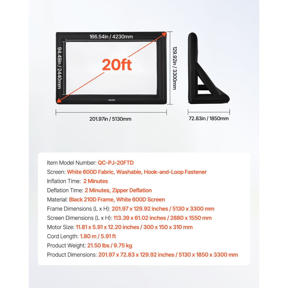 VEVOR 20 ft Inflatable Movie Screen 16:9 600D Movie Projector with Portable Bag