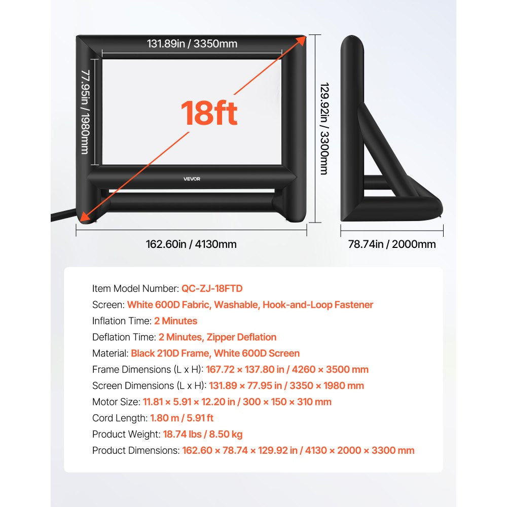 VEVOR 18 ft Inflatable Movie Screen 16:9 600D Movie Projection with Portable Bag