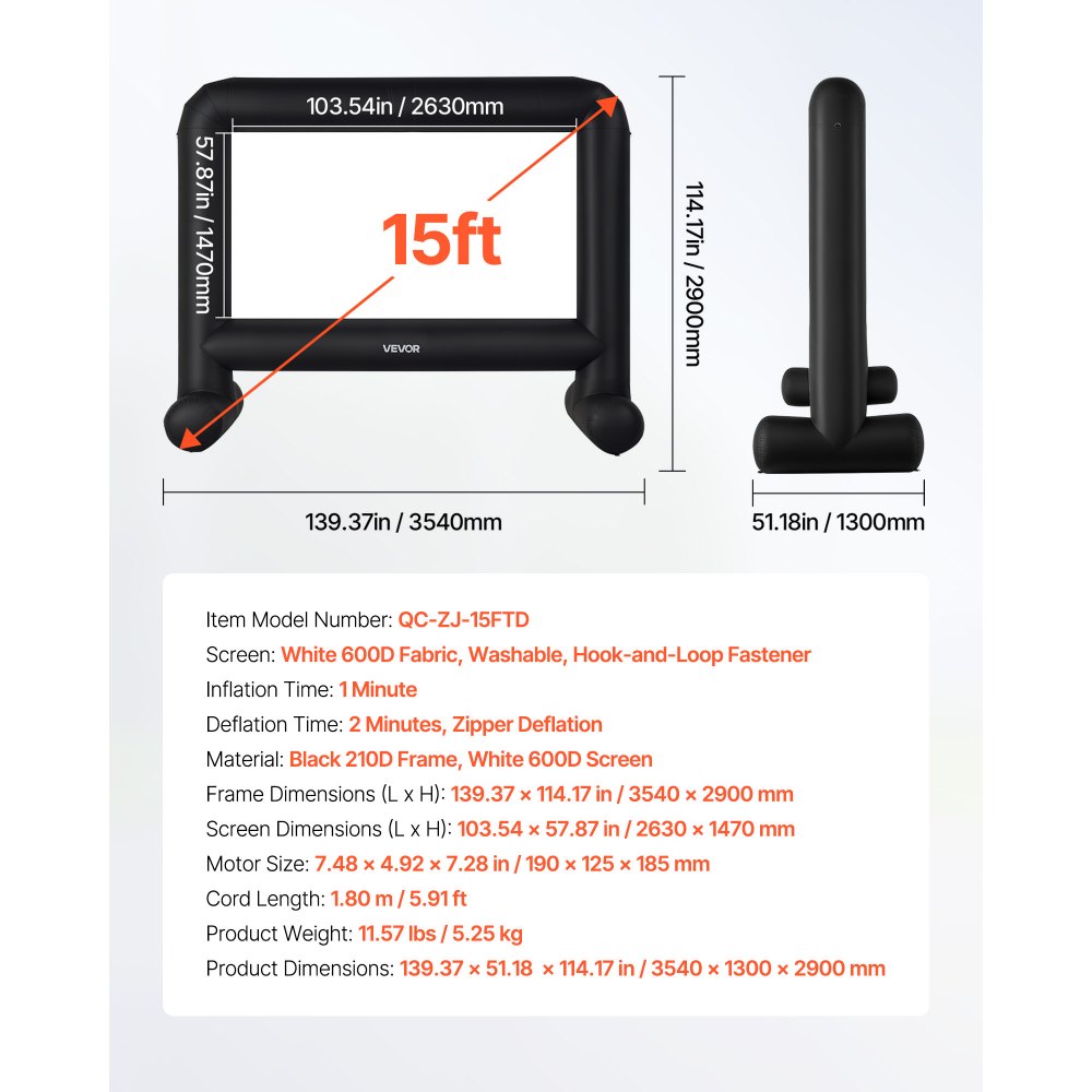 VEVOR 15 ft Inflatable Movie Screen 16:9 600D Movie Projector with Portable Bag