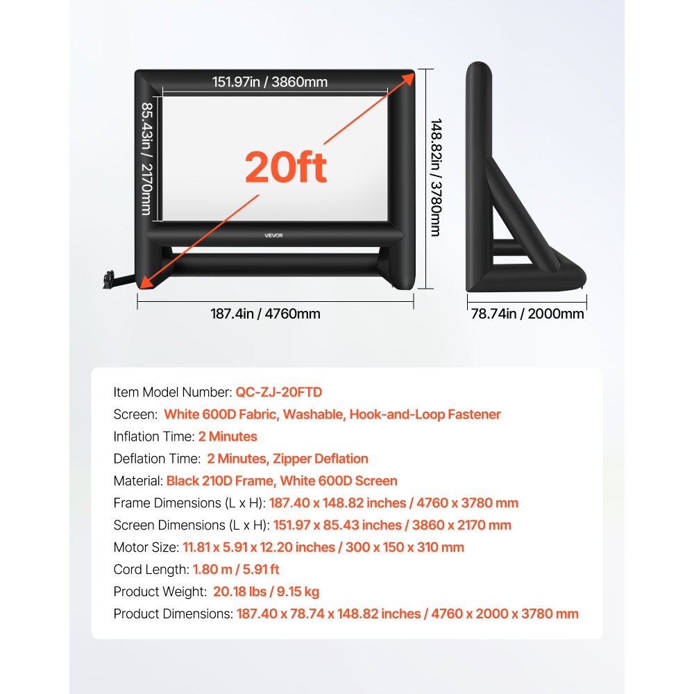 VEVOR 20 ft Inflatable Movie Screen 16:9 600D Movie Projection with Portable Bag